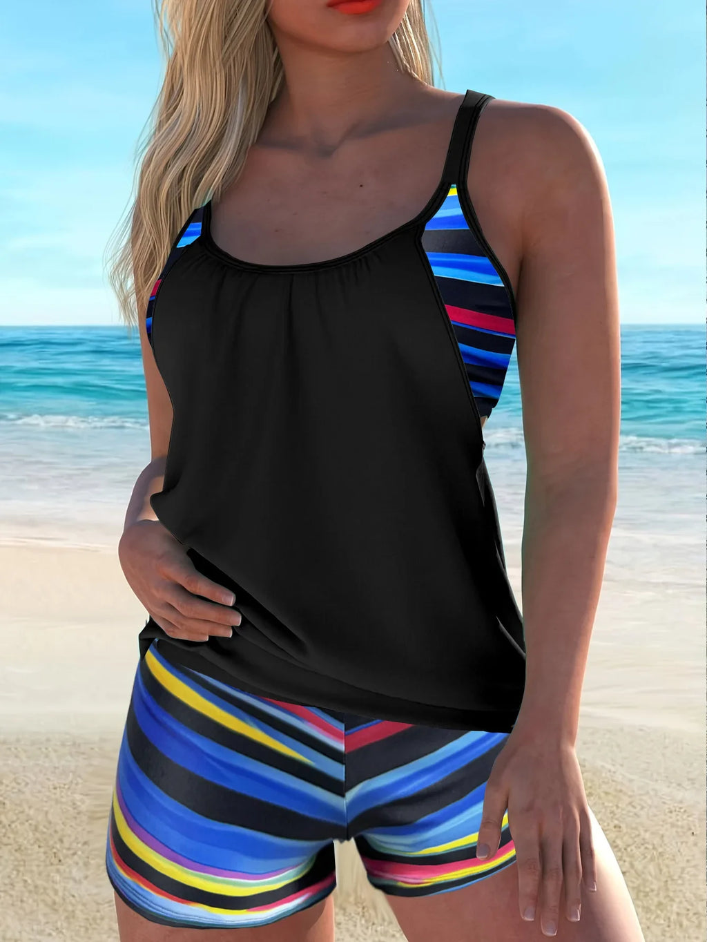 Women's Conservative Two Piece Swimsuit Black Stripe Print Patchwork Crop Top Tankini Set Beach Bathing Suit High Waist Swimwear