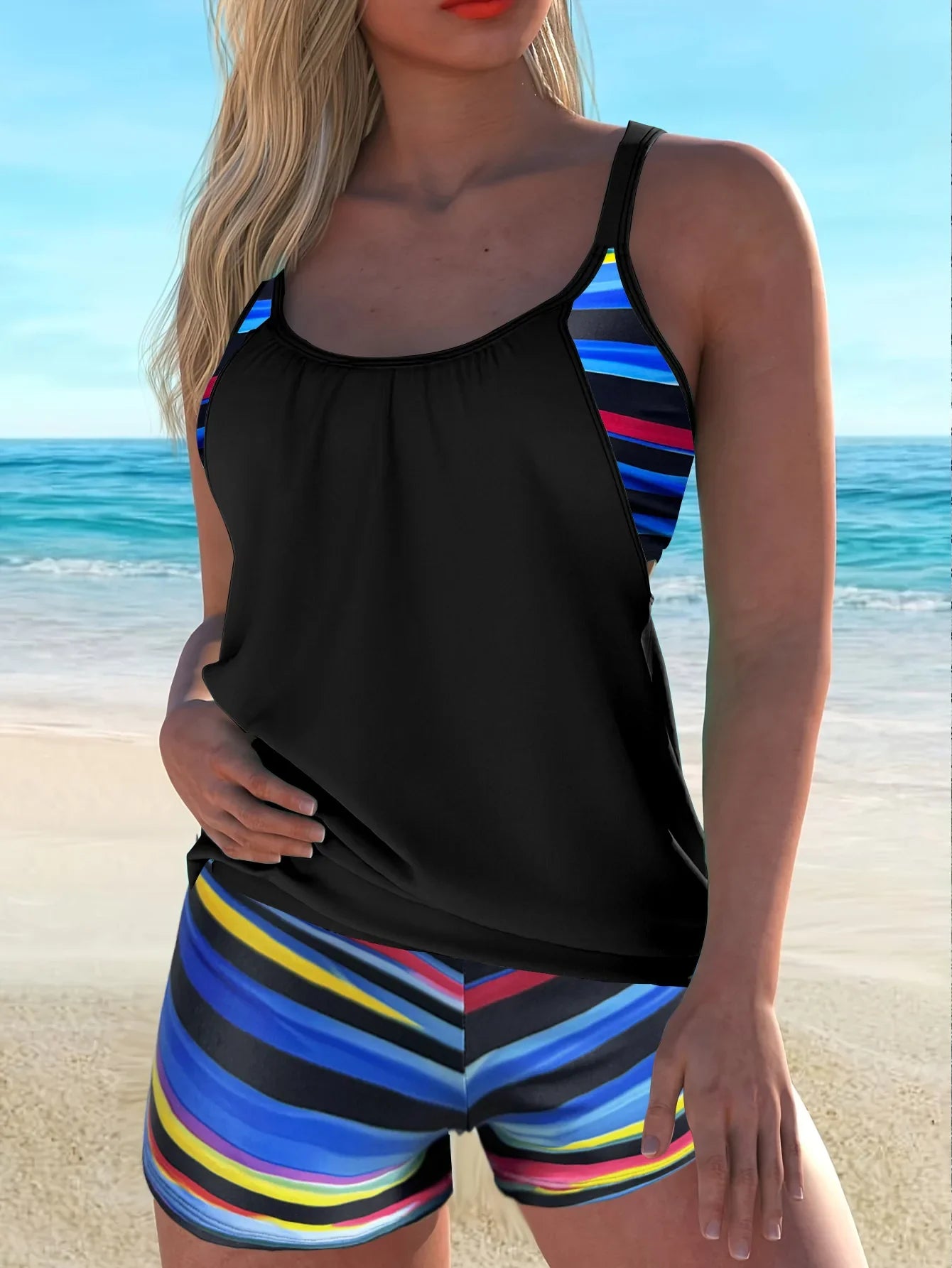 Women's Conservative Two Piece Swimsuit Black Stripe Print Patchwork Crop Top Tankini Set Beach Bathing Suit High Waist Swimwear