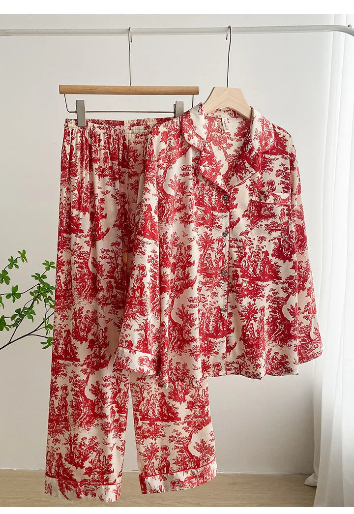 Ink Printed Ice and Snow Silk Pajama Set for Women Spring and Autumn Simple Small Lapel Long Sleeve Home Clothes Nightwear