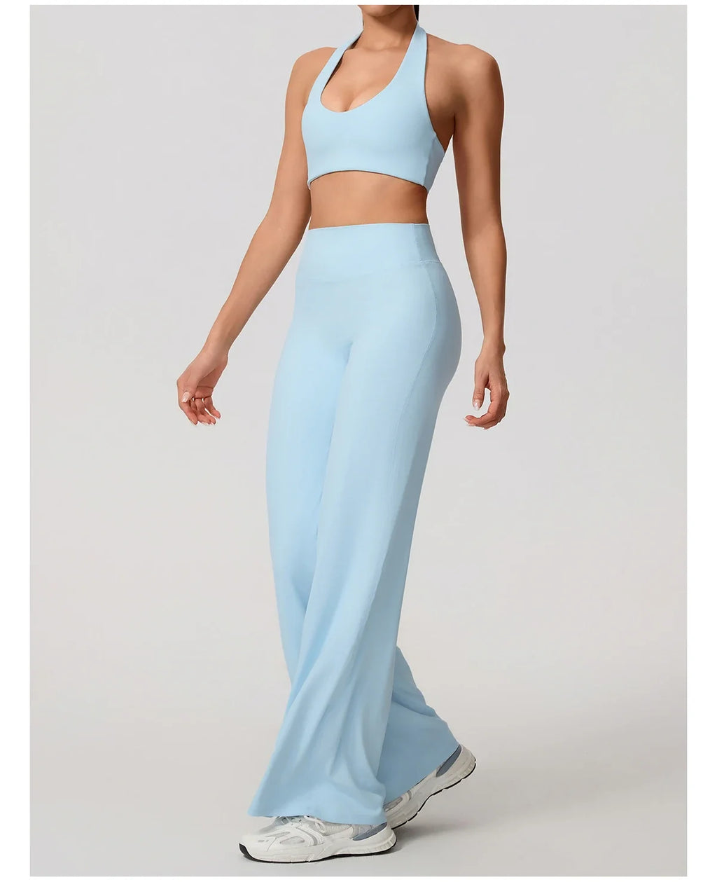 Hearuisavy Summer Yoga Set 2Pcs Women Breathable Backless Halter-Neck Sports Bra Push Up Pilates Fitness Top Straight Leg Pants