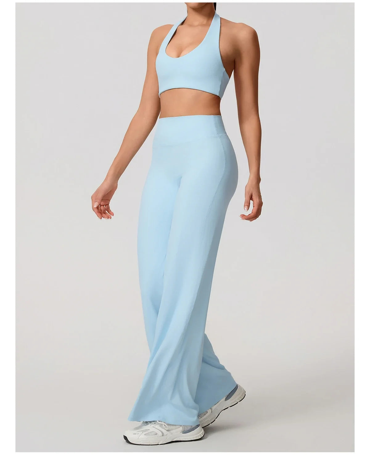 Hearuisavy Summer Yoga Set 2Pcs Women Breathable Backless Halter-Neck Sports Bra Push Up Pilates Fitness Top Straight Leg Pants