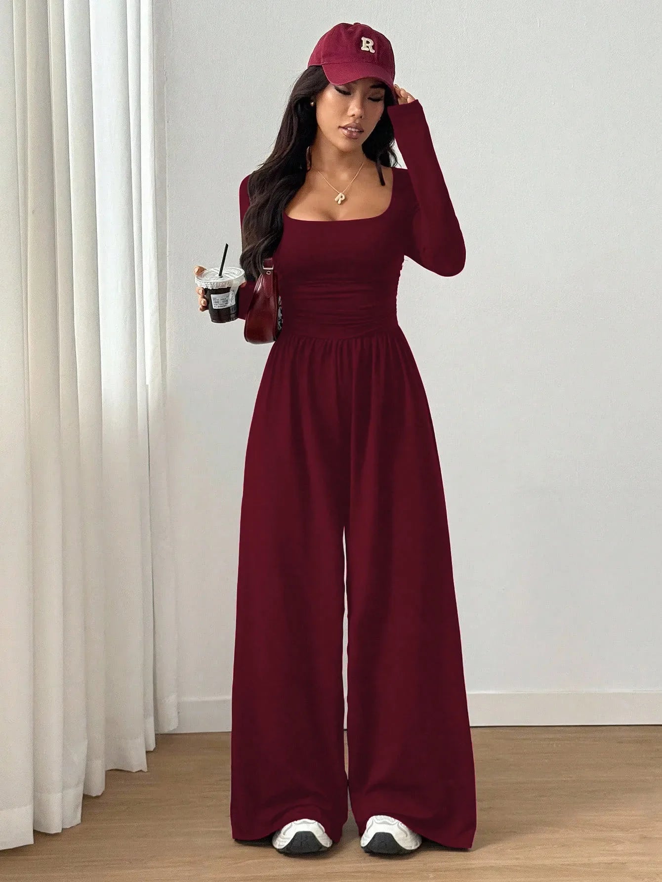 Women's Casual Solid Color Square Neck Long Sleeve A-Line Jumpsuit Pleating Wide Leg Loose Mopping Jumpsuit Spring/Fall 2026
