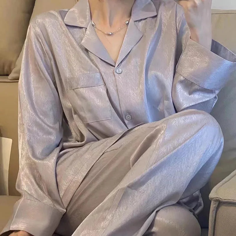 High Quality Ice Silk Light Luxury Pajamas Women's Pajama Spring and Autumn Style Long Sleeve Home Set Satin Nightwear Sleepwear