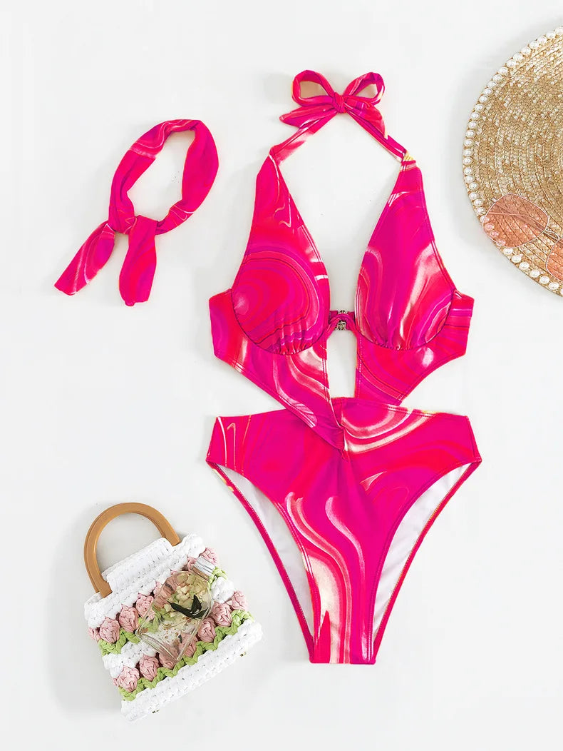 Orange Tie Dye Gradient One Piece Swimsuit 2025 Women Hollow Out Underwire Backless Monokini Beach Bathing Suit Band Swimwear