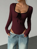 Women's Sexy U-Neck Bowknot Color Block Long Sleeve Bodysuit Casual Slim Fit Rib-knit Bodycon Spring/Fall Streetwear