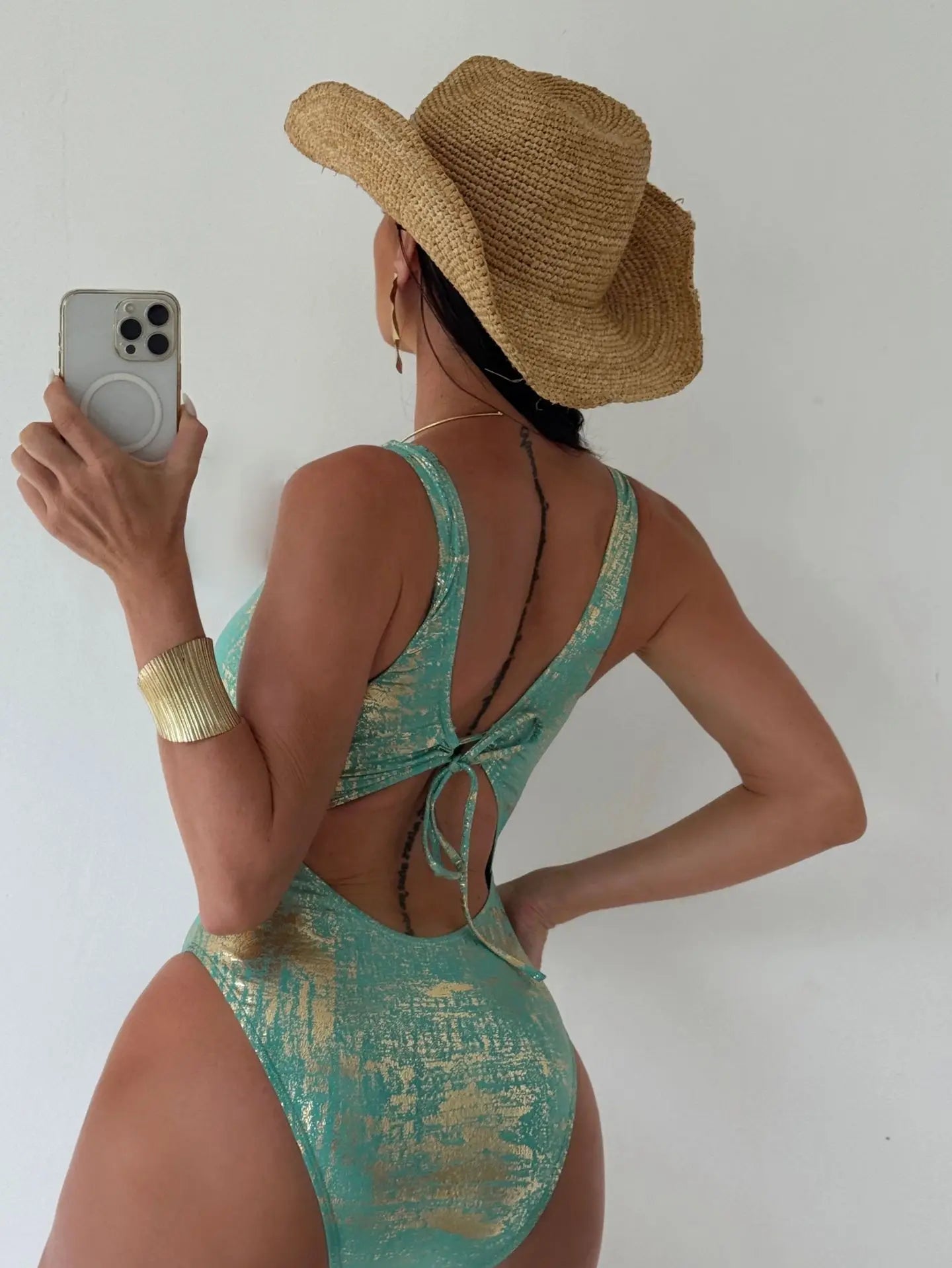 Shiny Gold One Piece Swimsuit 2026 Women Deep V Neck Hollow Out Backless Swimwear Summer Beach Bathing Suit Holiday Monokini