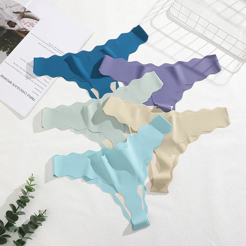 5Pcs Seamless Full-Body Fan-Shaped Wave Decorative Briefs Sexy Thongs Comfortable Breathable Stretch Underwear Women's Lingerie