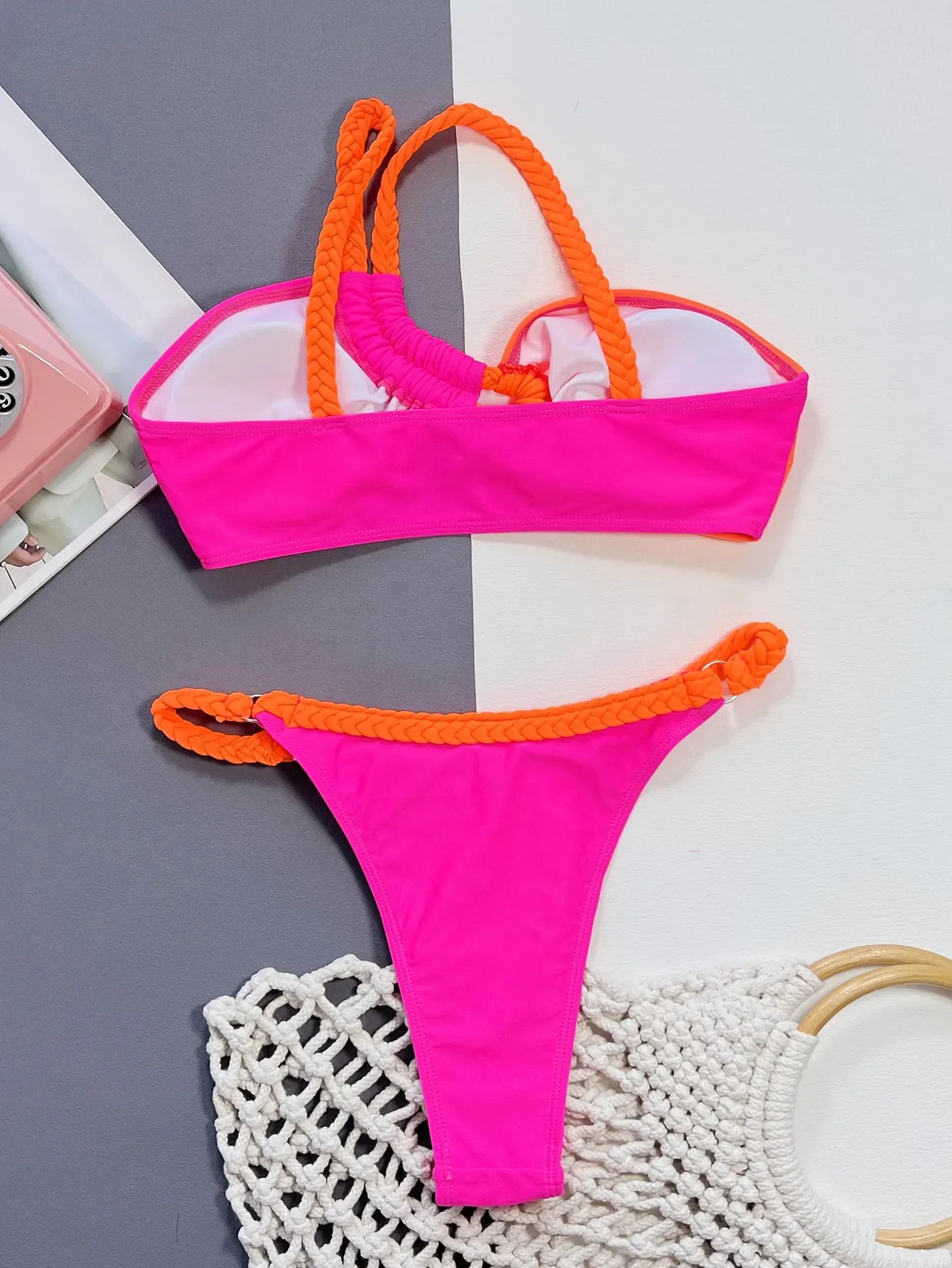 Sexy Orange Hot Pink Contrast Bikini Set 2024 Women Rope One Shoulder Hollow Out Push Up Swimsuit Bathing Suit Thong Swimwear