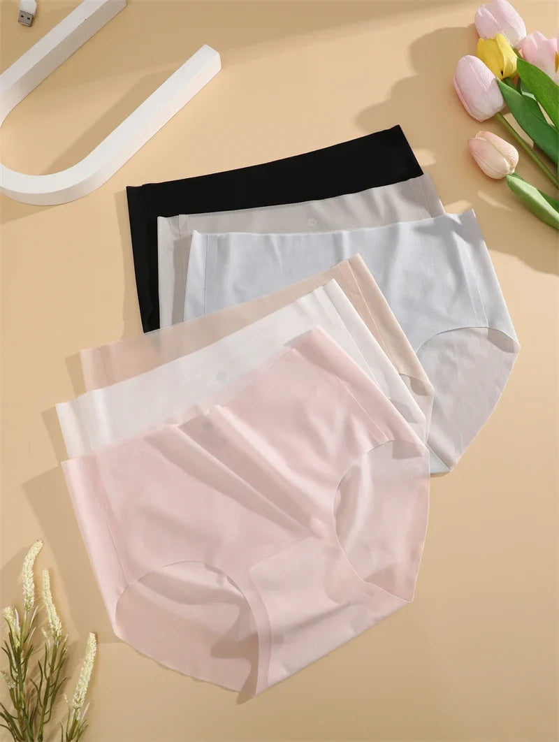 2PCS Seamless Ice Silk Briefs Women's Transparent Panties Sexy Breathable Underwear Female Stretch Erotic Korean Ultra Lingerie