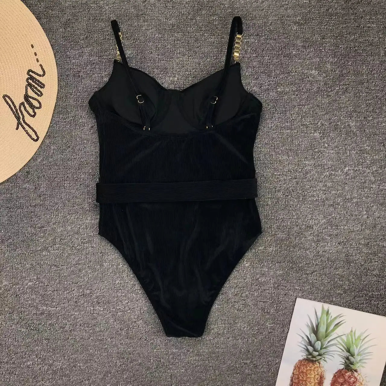 2024 New Sexy Velvet One-Piece Black Bikini Belt Swimsuit Women Solid Push Up Swimwear Female Brazilian Beach Bathing Suit