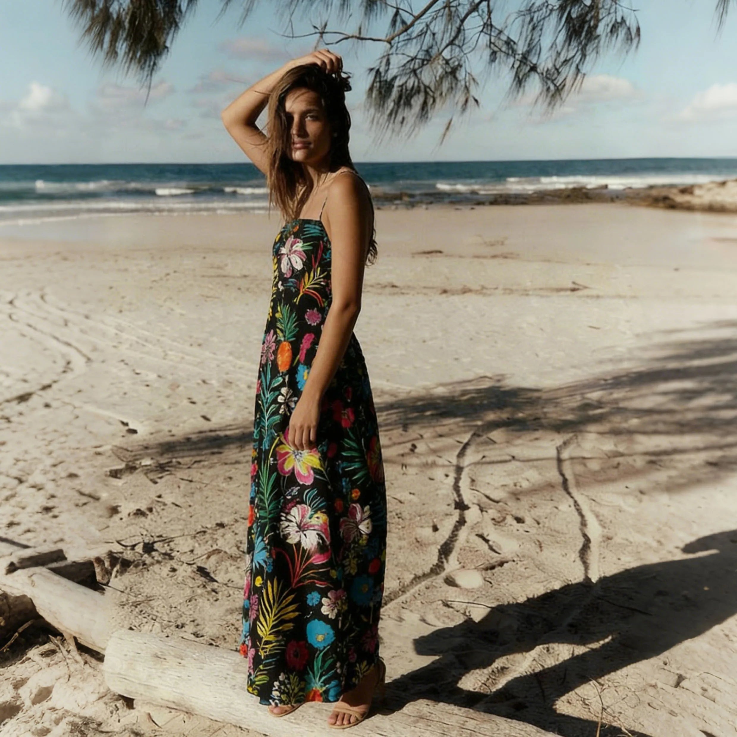 Women Floral Geometric Neck Long Party Dress Fashion Sleeveless Spaghetti Strap Dress Fashion Vacation Cocktail Flowy Sun Dress