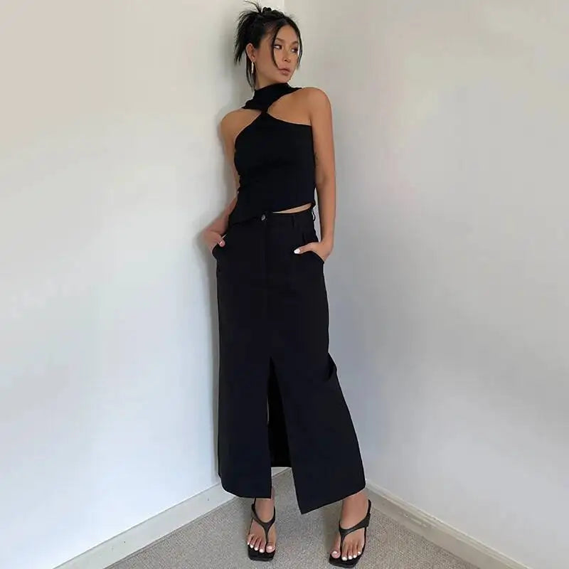 WOMENGAGA Retro High Waist Half Skirt Girl Bifurcate Slim A-LINE Gray Skirts Fashion American Spicy Girls 2023 New 5P2F