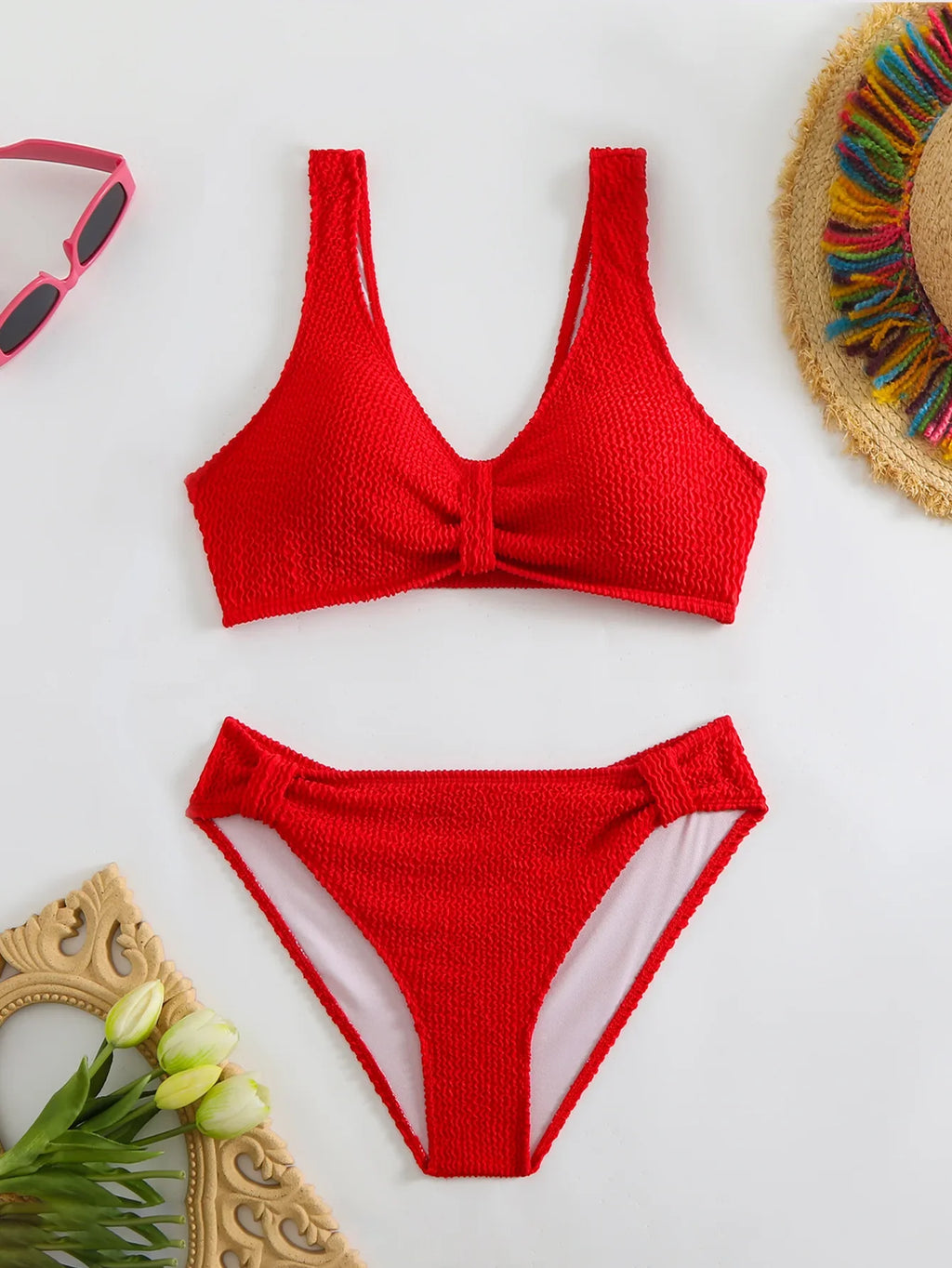 2026 New Sexy Bikini Two-Piece Swimsuit Pure Color High Elasticity Monochromatic Swimwear Comfortable Fit Women's Beachwear