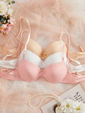3PCS Women's Underwear Set Lace Trim Ribbed Push Up Bra Bow Comfortable Underwire Support Women's Bra