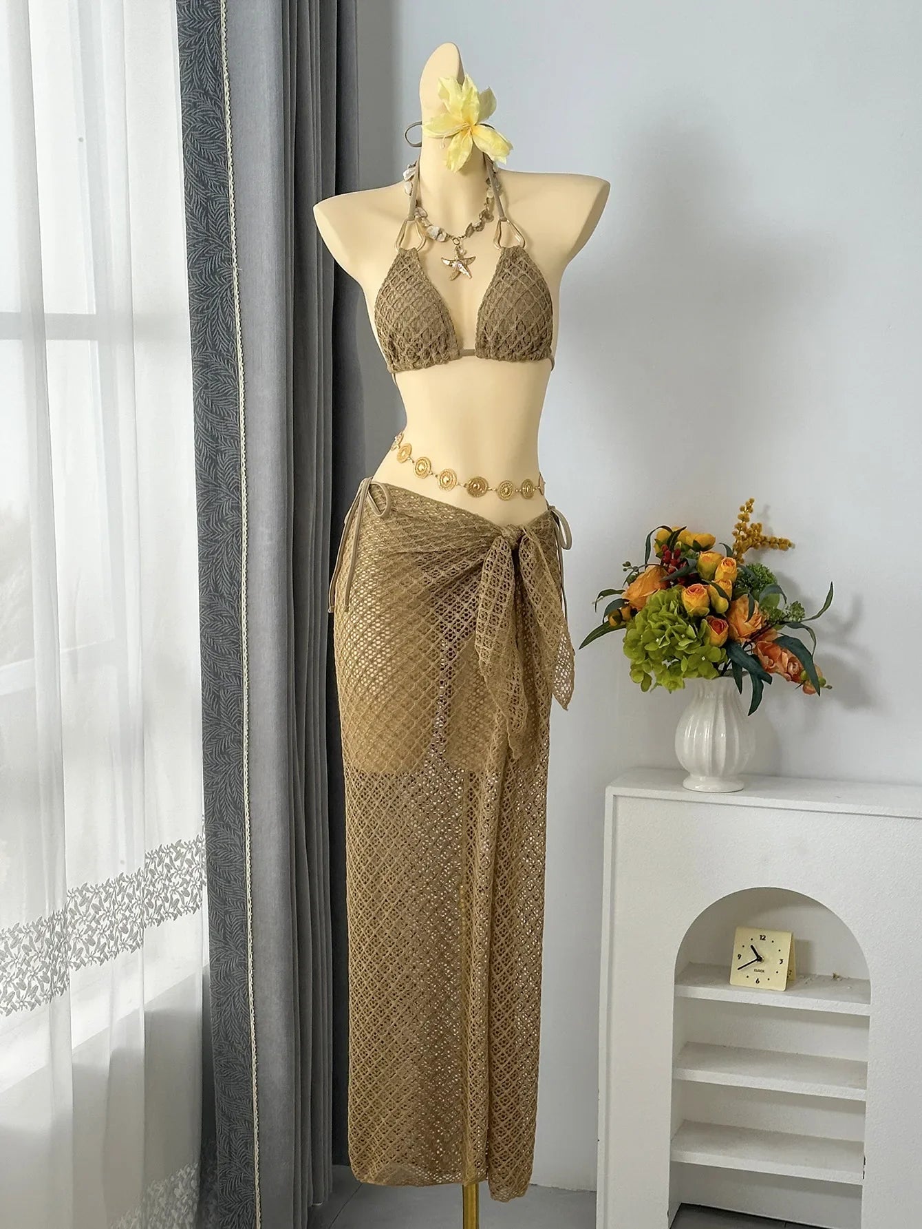 Vintage Beige Black Mesh Skirt 3 Piece Bikini Set 2026 Women Metal Chain Strap Push Up Bra Swimsuit Beach Bathing Suit Swimwear