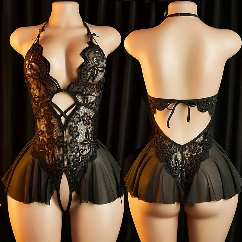 Pink Sexy Lingerie Women Hollow Open Bodysuit  Adult Apparel Teddy Crotchless Erotic Underwear One Piece V-neck Hot Lace Pajamas