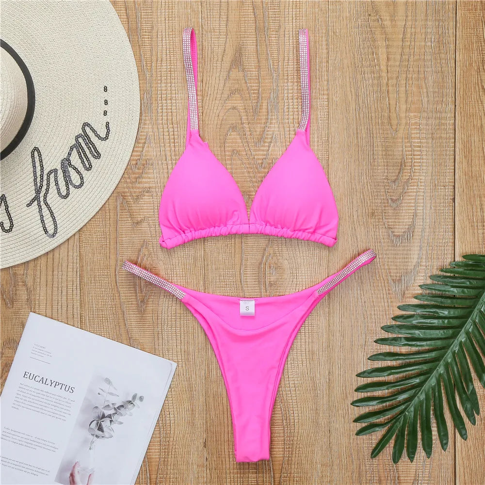 Diamond Swimwear Women 2025 Sexy Pink Micro Bikini Brazilian Black Rhinestone Thong Swimsuits Beach Push Up Bathing Suit Biquini