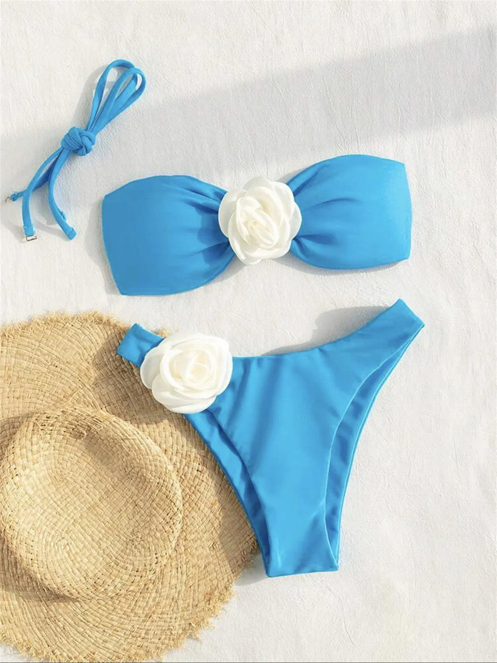 3D Flowers Bandeau Bikini 2024 Women Sexy Green Contrast Push Up Micro Swimsuit Bathers Bathing Suit Thong Swimwear Beachwear