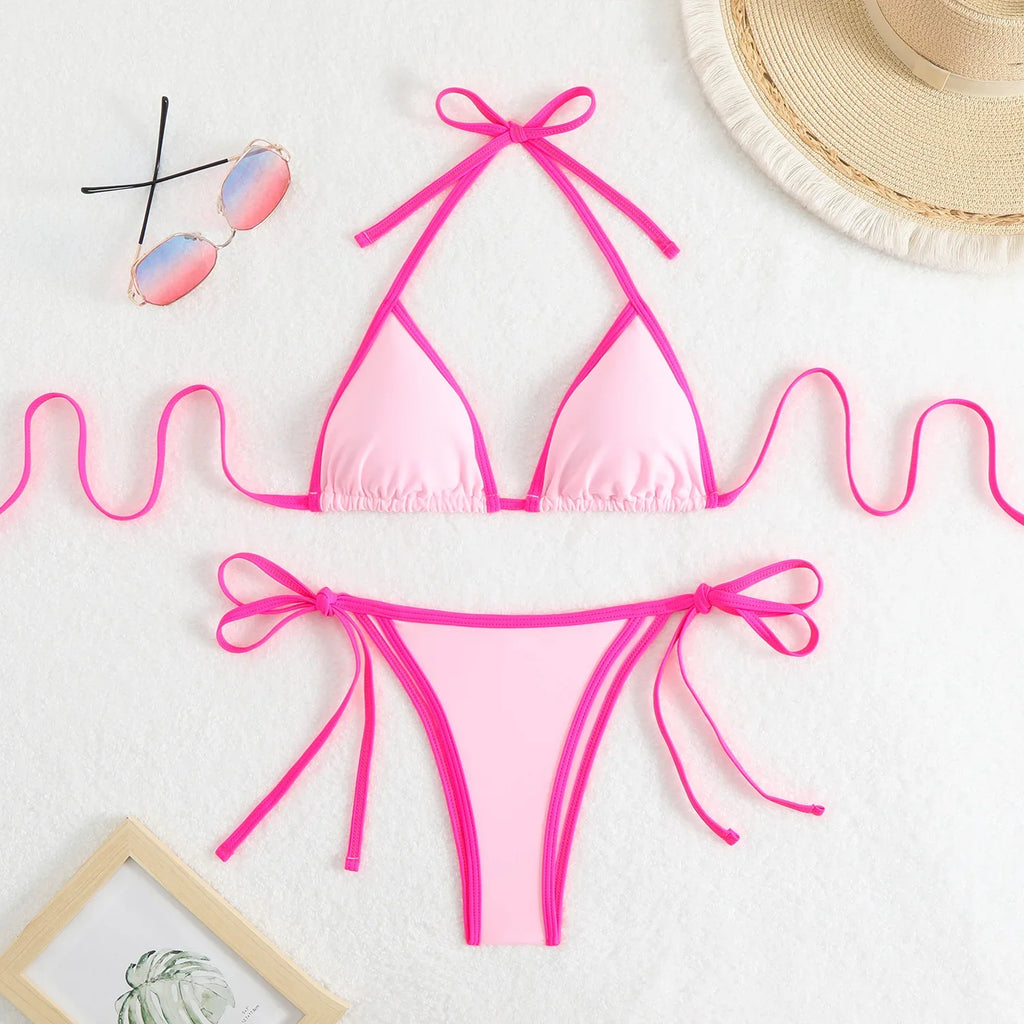 Sexy Micro Bikini 2025 Women Pink Blue Contrast Push Up Tie Side Thong Swimsuit Brazilian Beach Bandage Bathing Suit Swimwear