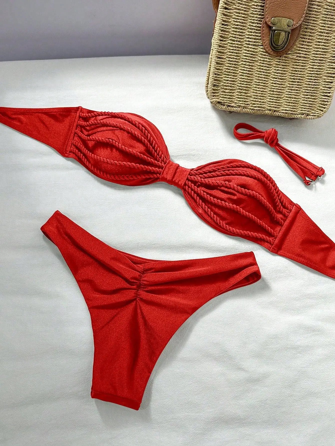 Sexy Bandeau Bikini 2026 Women Coffee Braiding Rope Pleate Tie Push Up High Waist Swimsuit Beach Holiday Bathing Suit Swimwear