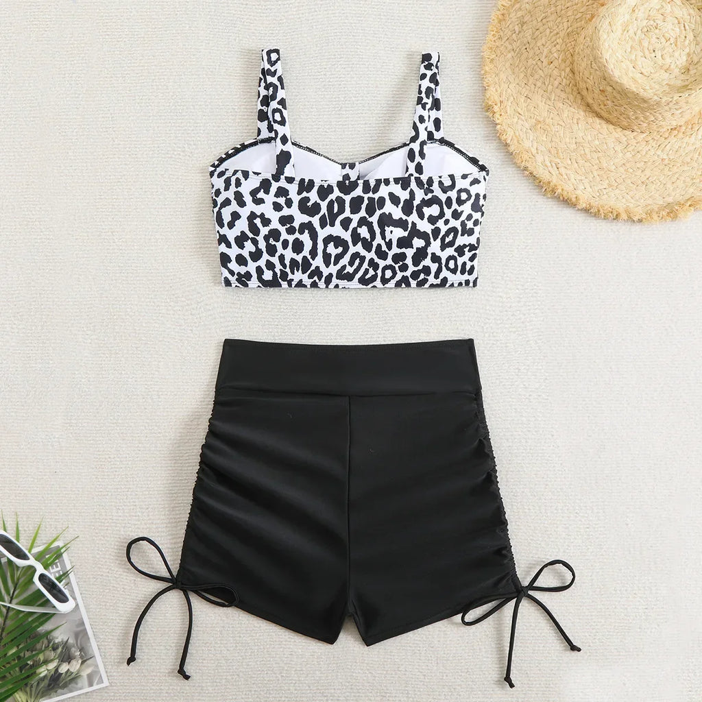 Vintage Black Leopard Print Bikini Set 2025 Women Drawstring Side High Waist Panties Swimsuit Bathing Suit Swimwear Beachwear