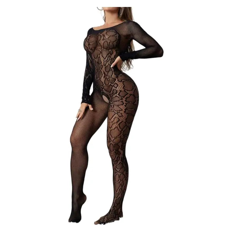 Open Bra Leopard Print Long Sleeves BodySuits Erotic Lingerie Transparent Backless Bodystocking Sexy Fishnet Hollow UnderwearSet