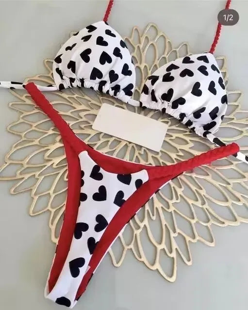 2026 Swimwear Women Cute  Cherry Print Brazilian Thong Bikini Set Sexy Thong Swimsuit Two Pieces Bathing Suit Women Beach Wear