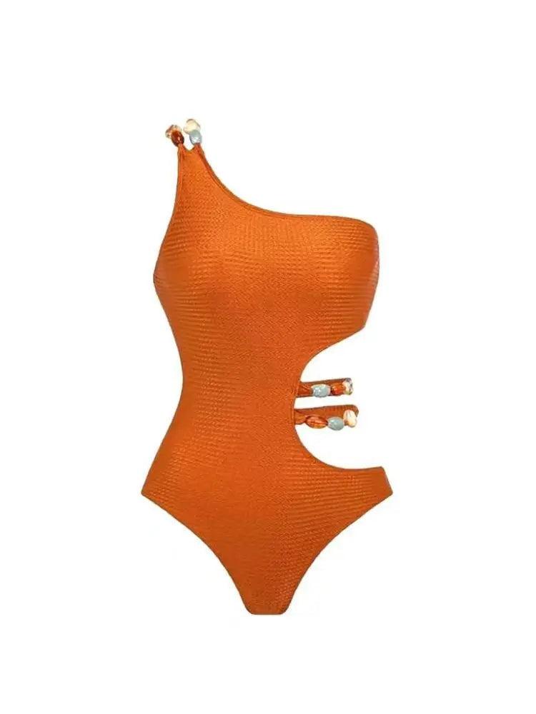 New One Piece Swimsuit Women Solid Orange One Shoulder Hollow Out Skirt Swimwear Set 2024 Summer Holiday Bathing Suit Beach Wear