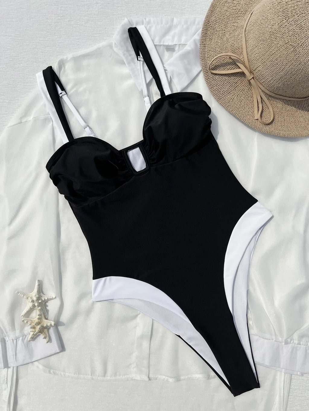 Vintage Black White Patchwork Swimwear Women 2026 Sexy Metal U Neck Backless One Piece Swimsuit Beach Bathing Suits Monokini