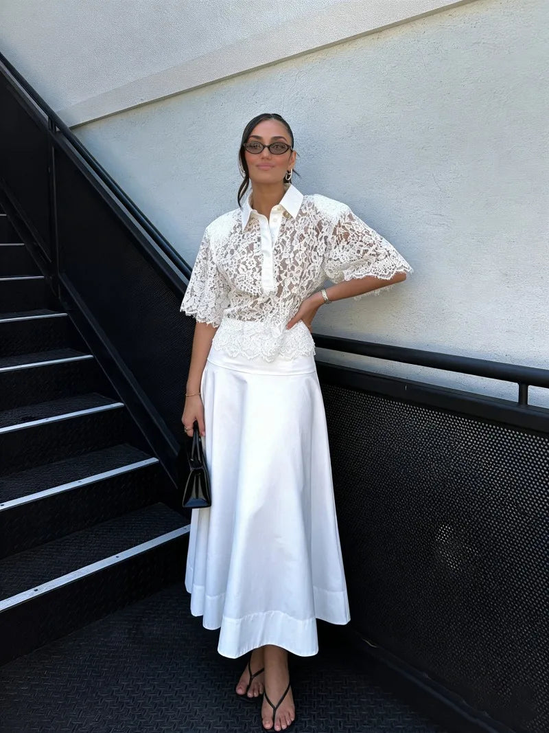 Trendix Lace Short Sleeve Blouse Women Summer Commuting Hollow Out Button Pullover Tops Street Casual Sheer Party Elegant Shirts