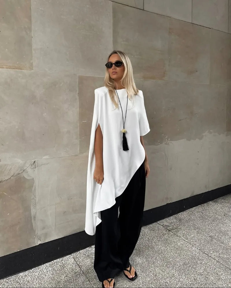 Trendix White Asymmetrical Cover Up For Women Fashion Ruffle Hem Loose Short Sleeve Shirts Casual Elegant Commuting Pullover Top