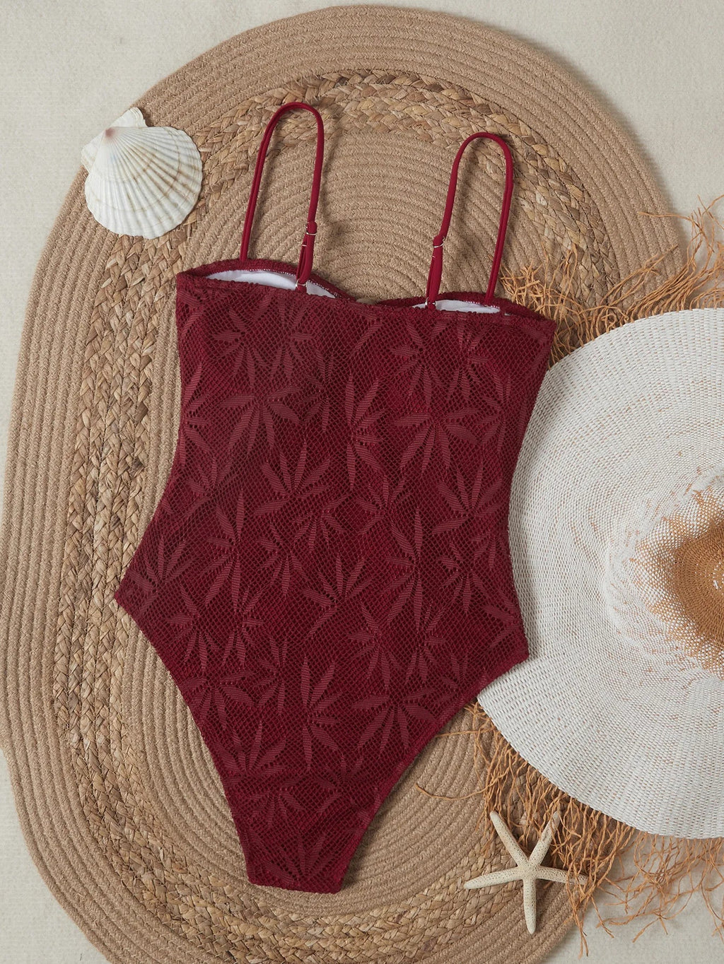 2026 Vintage Coffee Leaves Print One Piece Swimsuit Women Beaded String Hollow Out Backless Mesh Slim Fit Tummy Control Swimwear