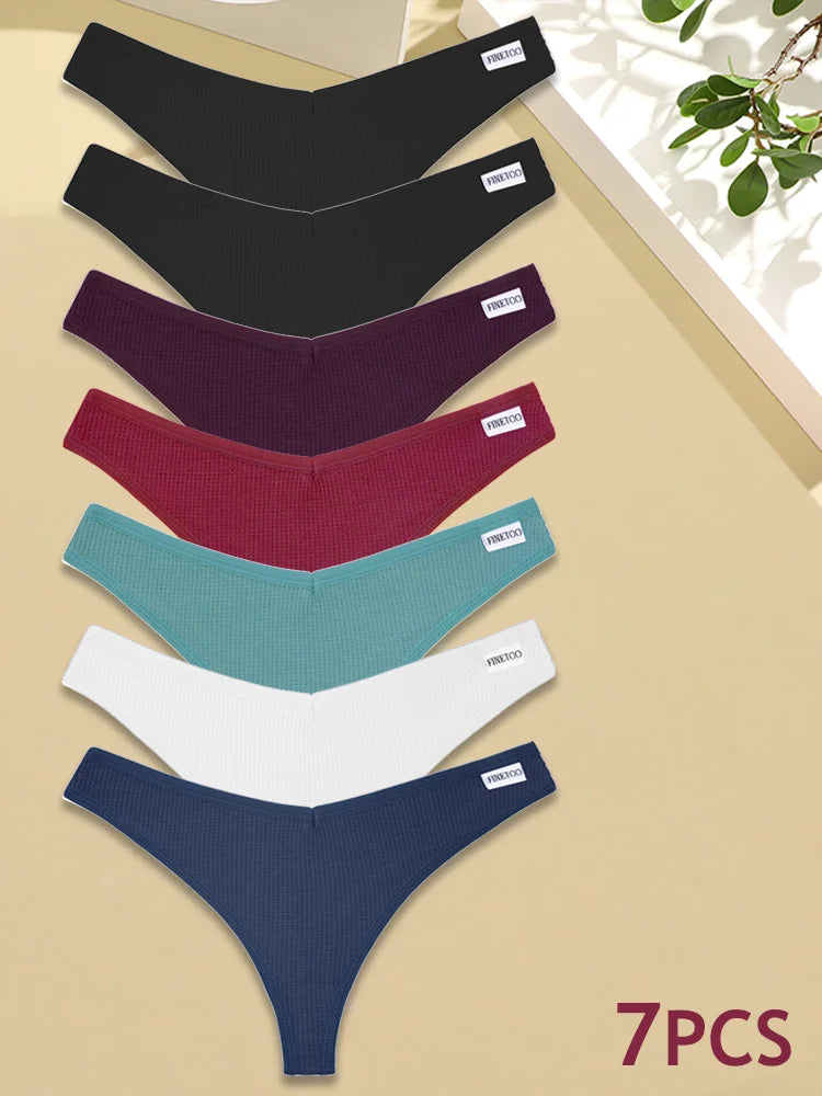 New 7Pcs Women Cotton Waffle Style G-string Panties Ladies Soft Thongs Female S-XL Low-Rise T-Back Panties Bikini Underwear 2024