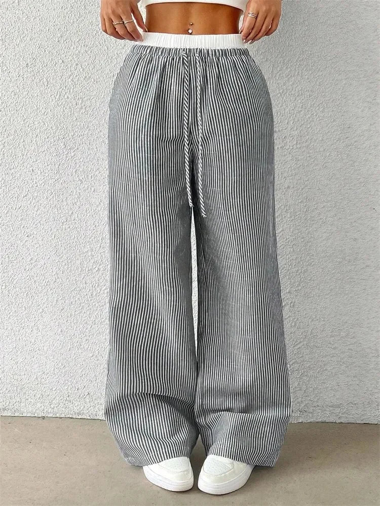 Women's Casual Striped Woven Wide Leg Pants Fall Winter 2024 Casual Stylish Full Length Trousers Y2K Clothes Streetwear