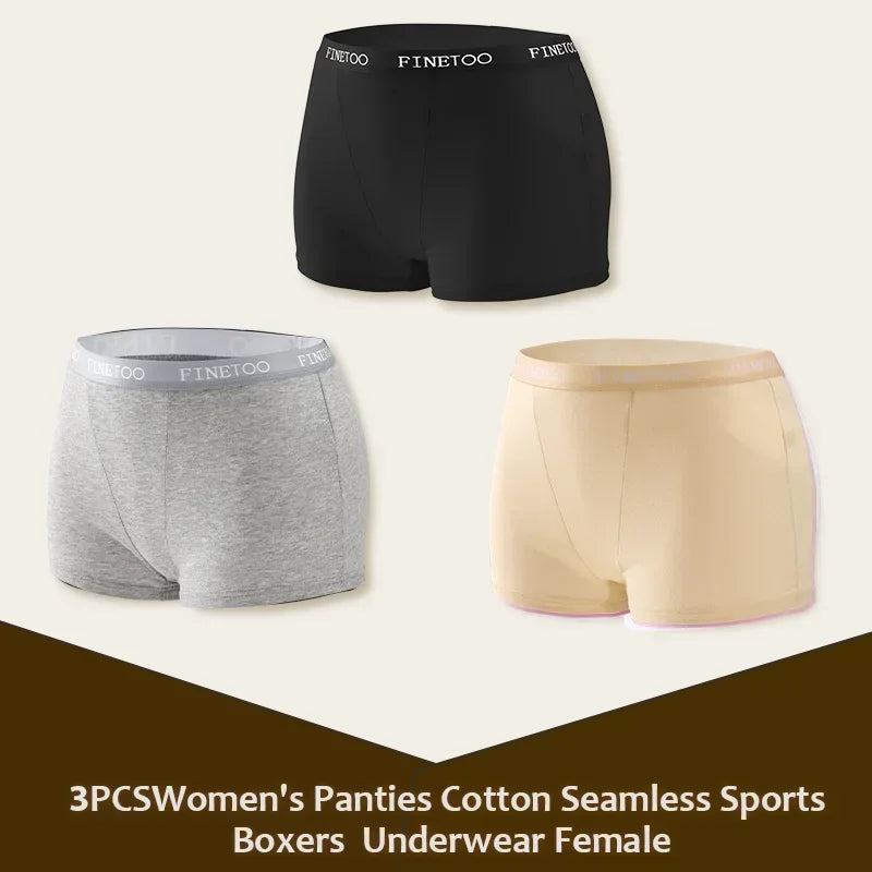 3Pcs Women's Cotton Boxers Panties Seamless Sports Underwear Female Solid Color Briefs Lingerie Intimate Underpant Finetoo S-XXL