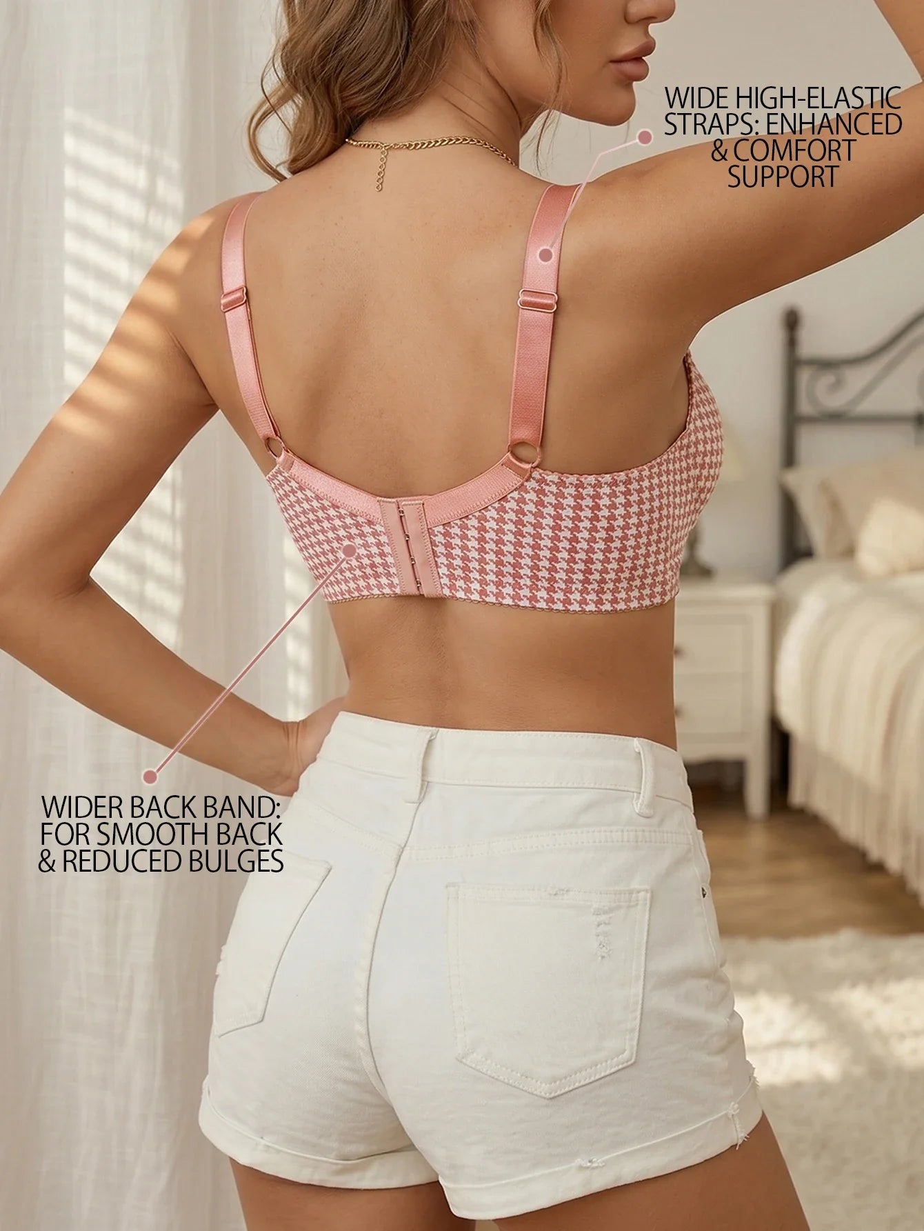 Women's Plaid Push-Up Bra Wide Straps Seamless Smoothing Underwear Underwire Side Support Adjustable Bra for Daily Wear