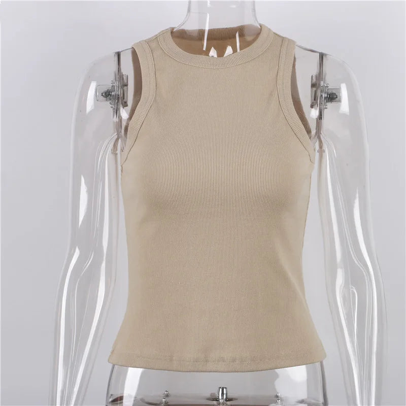 Ribbed Knitted Tops Neck Summer Basic Shirts White Black Casual Sport Vest Off Shoulder Green Women's Tank Top