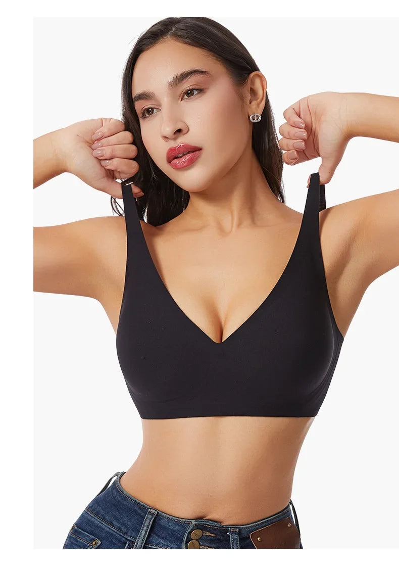 Women's Deep V Jelly Seamless Bra Wire-Free 3D Soft Support Thin Molding Leopard Print Solid Color Comfortable Bra Underwear