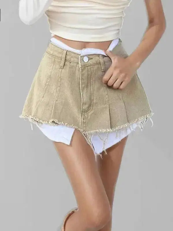 New Fashion Women's Irregular Fake Two-piece A-line Mini Denim Skirts 2026 Autumn Trendy High Waist Skirt Female Fashion XHV4