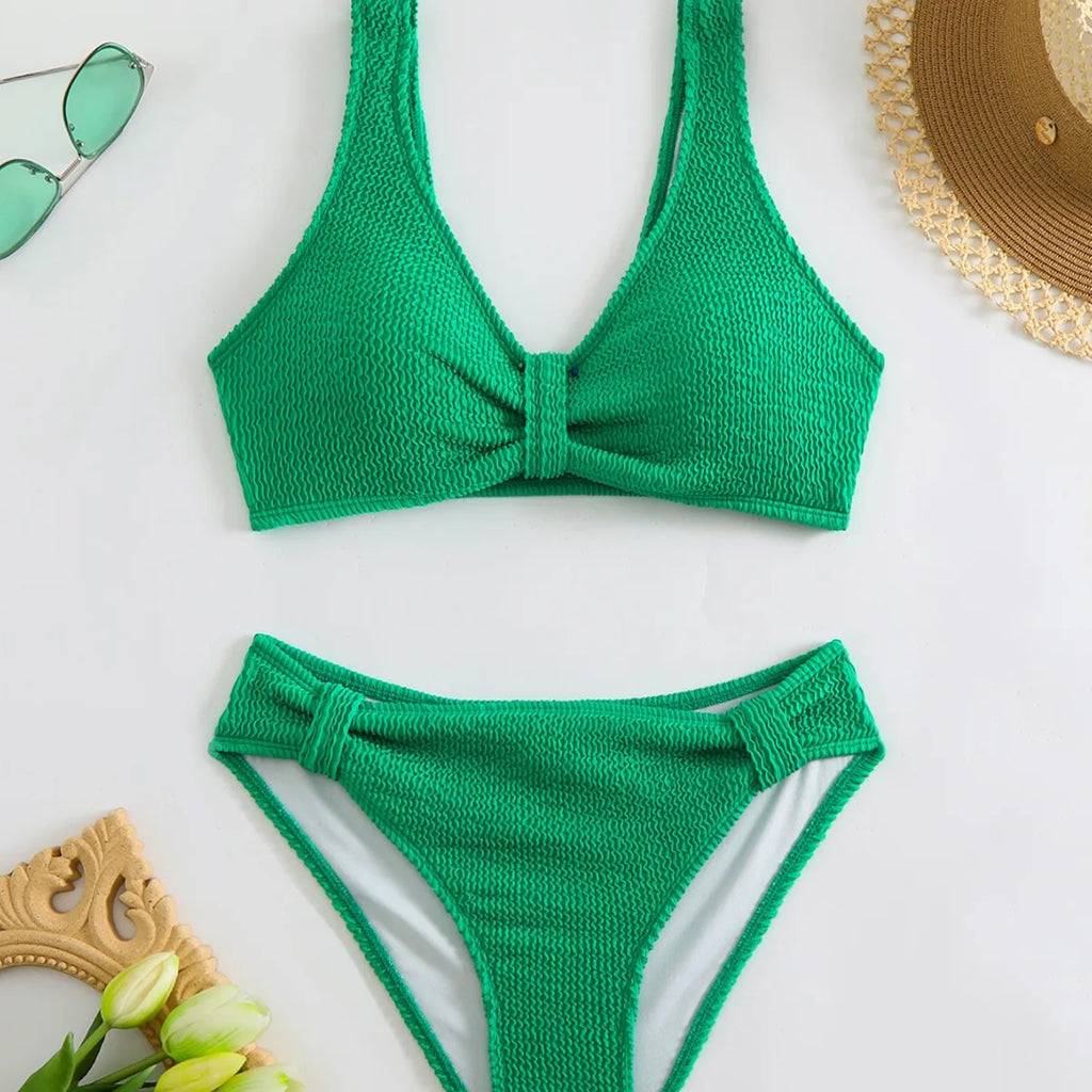 2026 New Sexy Bikini Two-Piece Swimsuit Pure Color High Elasticity Monochromatic Swimwear Comfortable Fit Women's Beachwear