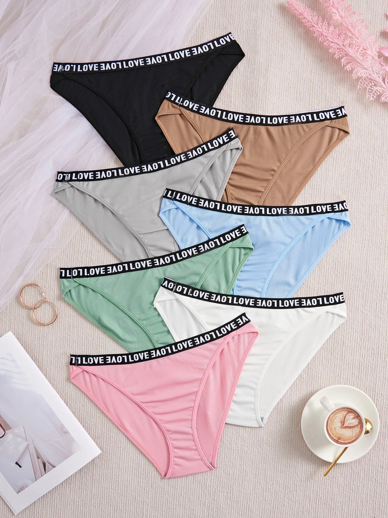 7-Pack Solid Color Everyday Sexy Ribbed Fabric Letter-Decorated Soft Women's Panties, Comfortable Elastic Briefs for Women, Sizes Xs-Xl