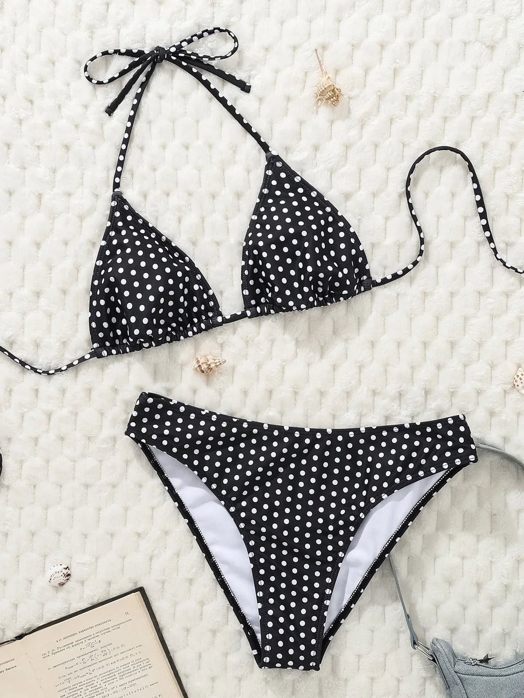 2025 New Women's Black Ground White Dot Printed Swimsuit Halter Neck Low Waist Bikini Set For Summer Female Swimwear Brazilian