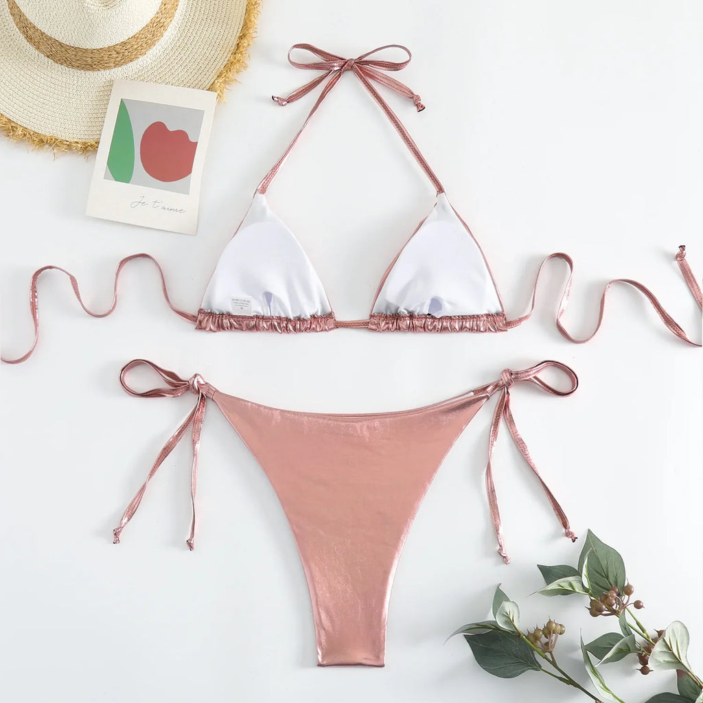 Sexy Brozing Gold Bikinis Sets Women Push Up Micro Bikini Swimsuit 2026 Brazilian Beach Bathing Suit Tie Side Triangle Swimwear