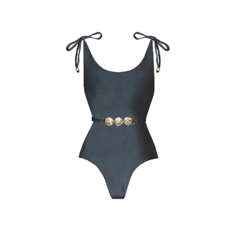Deep V Neck Swimsuit With Cover Up Sexy Women Swimwear One Shoulder Bikini Female Belt Swimming Suit Shiny Bodysuit Beachwear