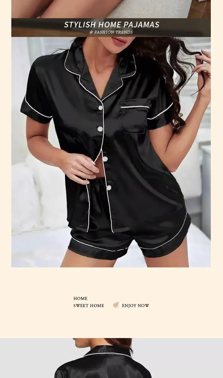 Sweet Simple Ice Silk Pajamas for Women  Thin Short-sleeved Home Clothes Suit Nightwear Women's Pajamas Set Nightie Summer