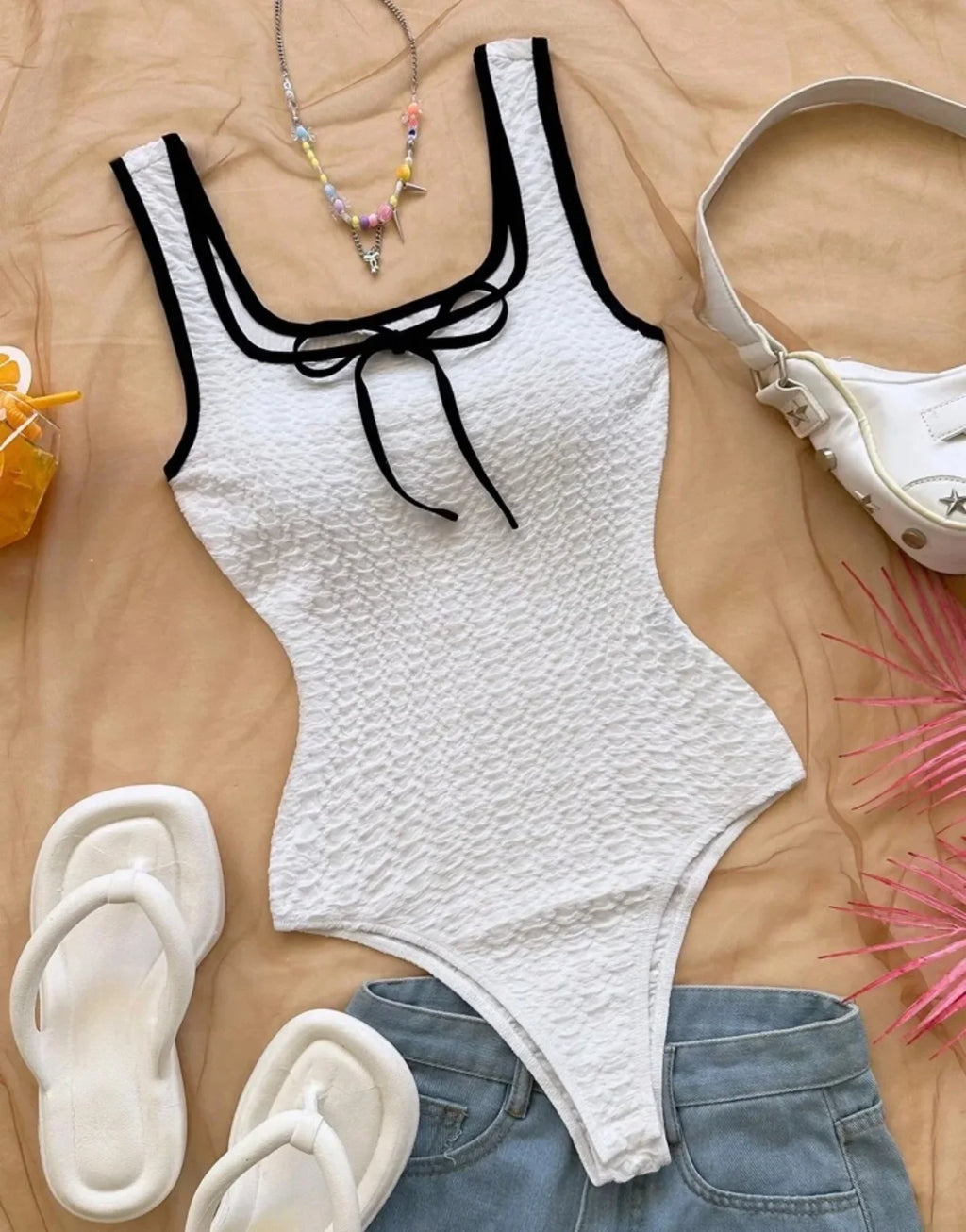 Vintage White Patchwork One Piece Swimsuit 2026 Women Front Tie Slim Tummy Control Swimwear Summer Holiday Bathing Suit Monokini