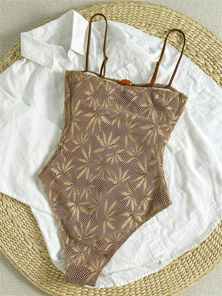 Vintage Coffee Leaves Print One Piece Swimsuit 2026 Women Beaded String Hollow Out Backless Mesh Slim Fit Tummy Control Swimwear