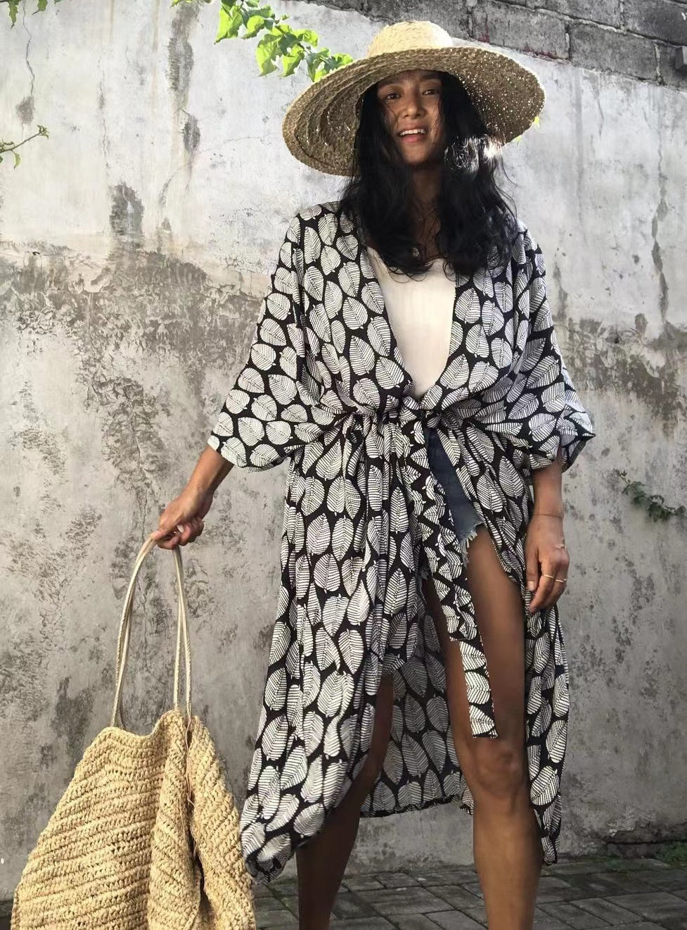2024 New Summer Sexy Beach Kimono Swimwear Cotton Cover Up Swimsuit Women Print Bikini Cover Up Beachwear Dress Robe