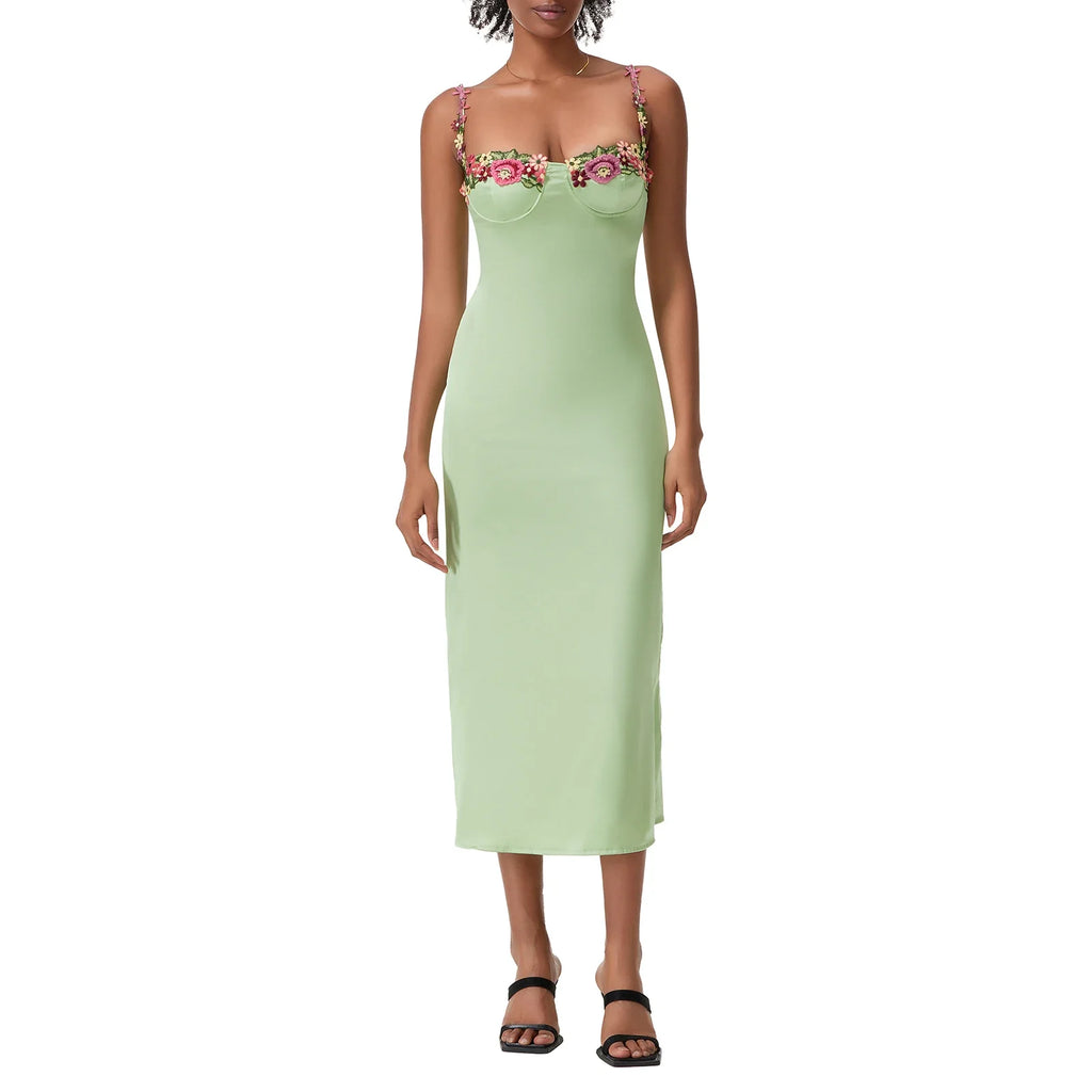 Satin Sling Bodycon Long Dress Women Flower Embroidery Sleeveless Spaghetti Strap Cocktail Dress Summer Party Club Skinny Dress