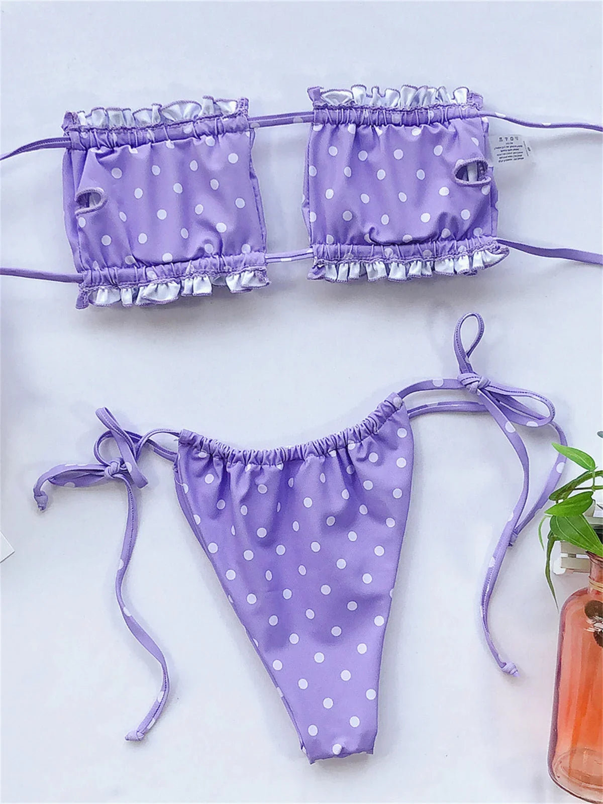 Elegant Purple Swimwear Women Sexy Off Shoulder Pleate Bikini Bandeau Hollow Out Lace-Up Push Up Bathing Suit Thong Swimsuit